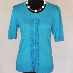 7th Ave New York & Co. Turquoise Button Up Cardigan with Ruffles